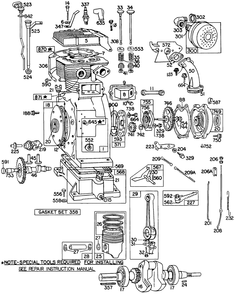 Cylinder,piston,gears,oil Diagram and Parts List for 302437-0145-XX  Briggs and Stratton Engine